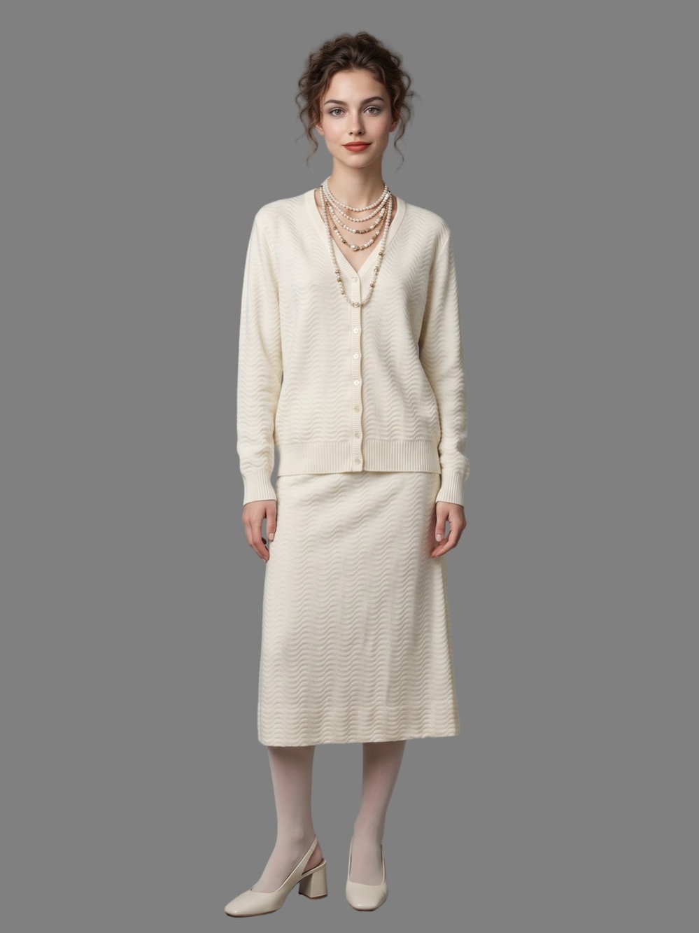 GIVENCHY Vintage Cream Knit Skirt Set Longsleeve V neck Cardigan Pull on Midi